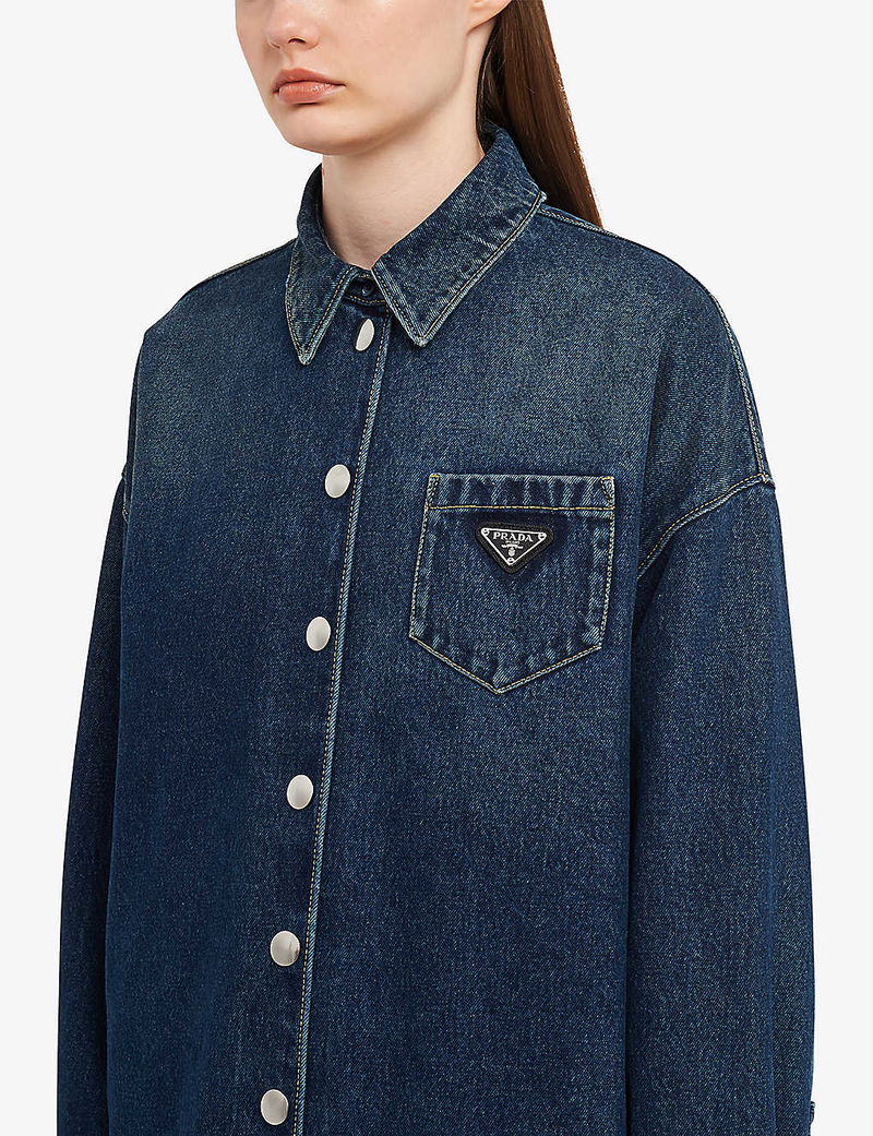 PRADA Oversized Logo-Plaque Organic-Cotton Denim Shirt in BLUE