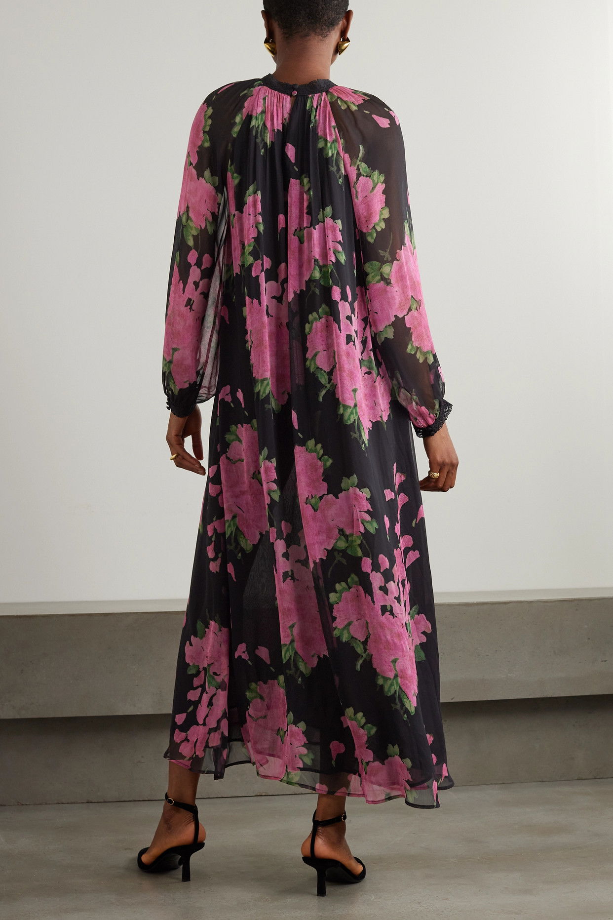 RIXO Kahlo Lace-Trimmed Metallic Floral-Jacquard Maxi Dress | endource