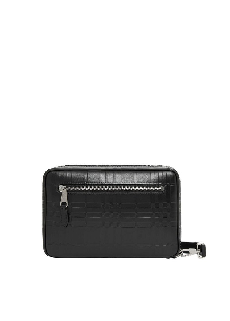 Embossed Check Leather Large Zip Pouch in Black - Men