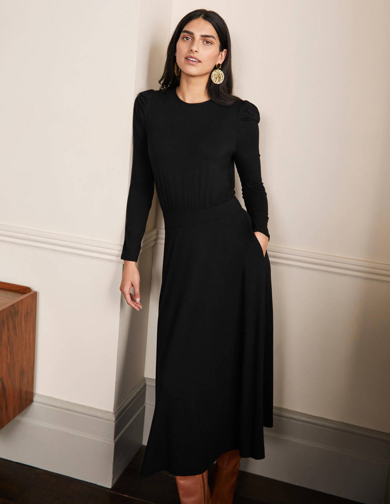 boden puff sleeve jersey shirt dress BODEN Puff Sleeve Jersey Midi Dress