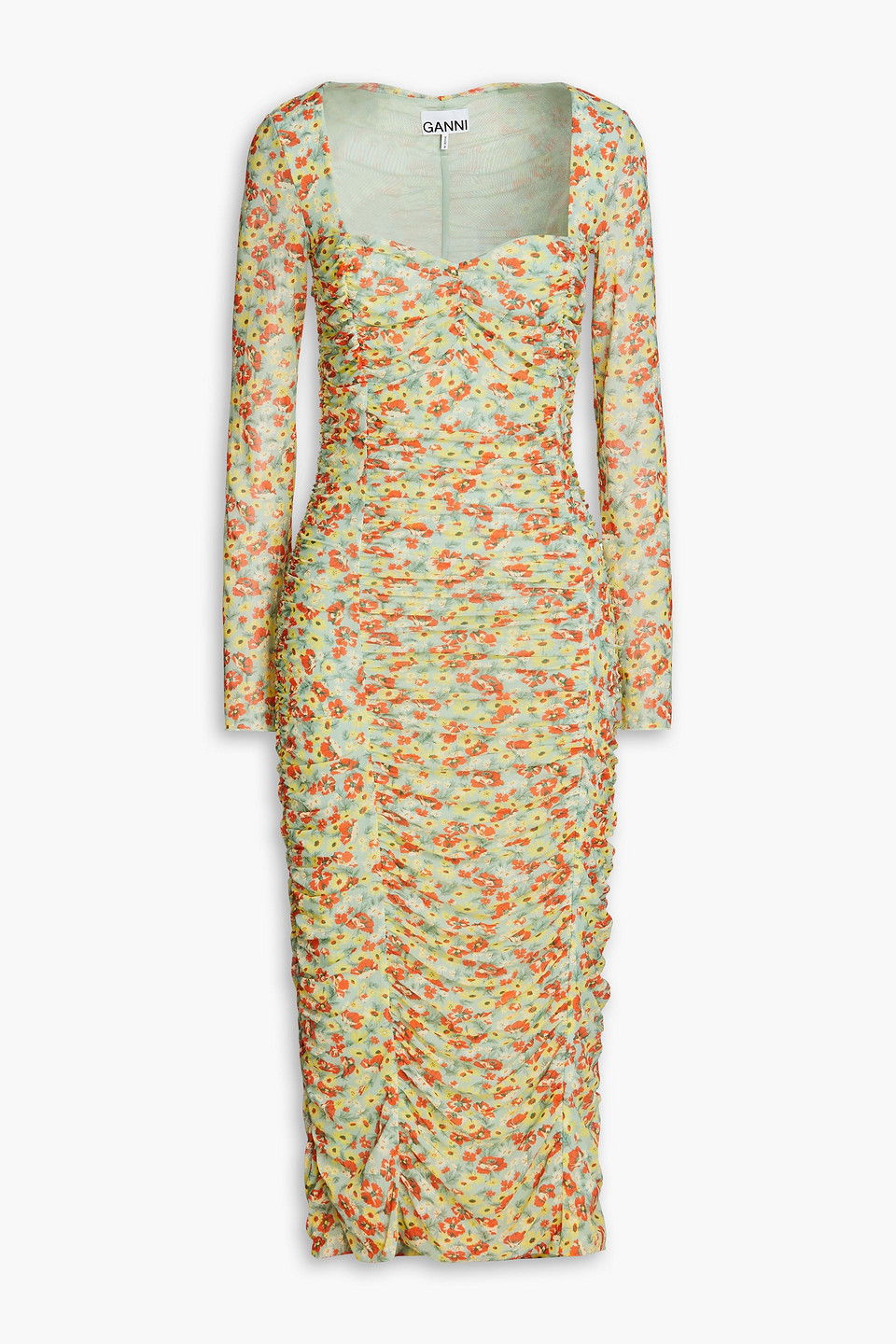 knee length dresses for ladies GANNI | Ruched-Detail Satin Midi Dress