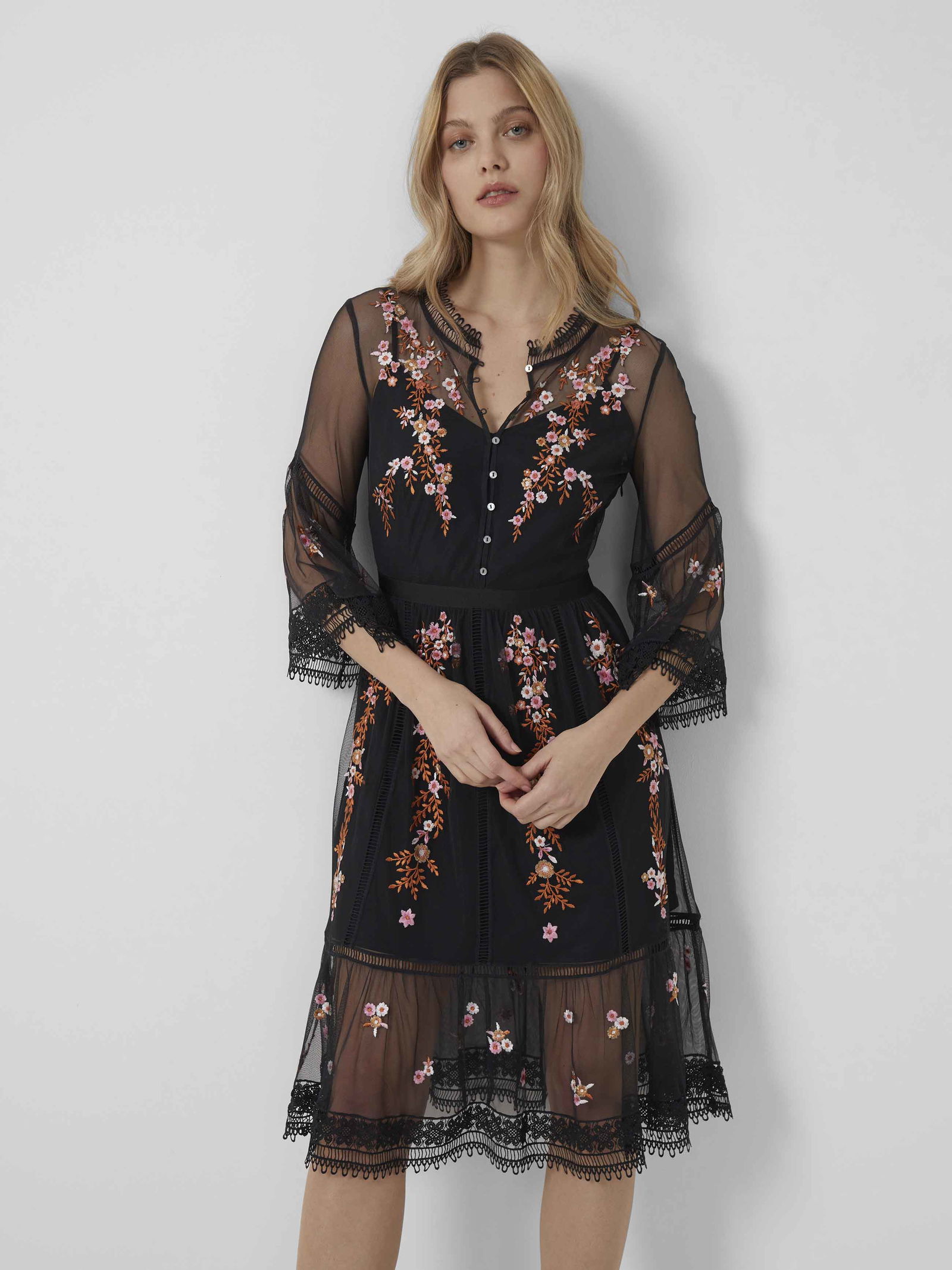 FRENCH CONNECTION Arabelle Embroidered Sheer Lined Dress | endource
