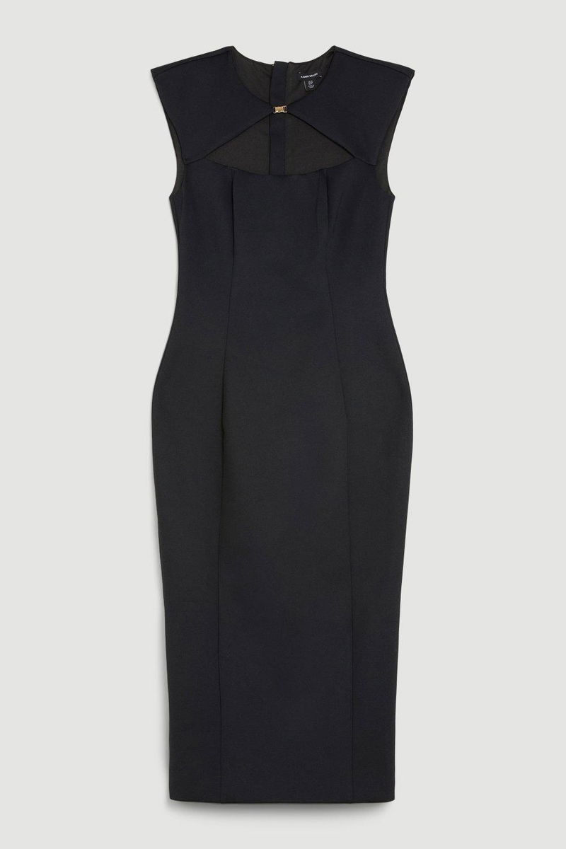 KAREN MILLEN Scuba Crepe Bandeau Cut Out Woven Midi Dress in Black