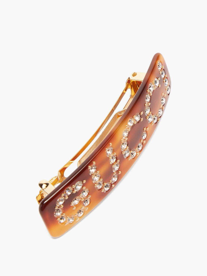 GUCCI Crystal-Logo Tortoiseshell-Acetate Hairclip | endource display picture 3