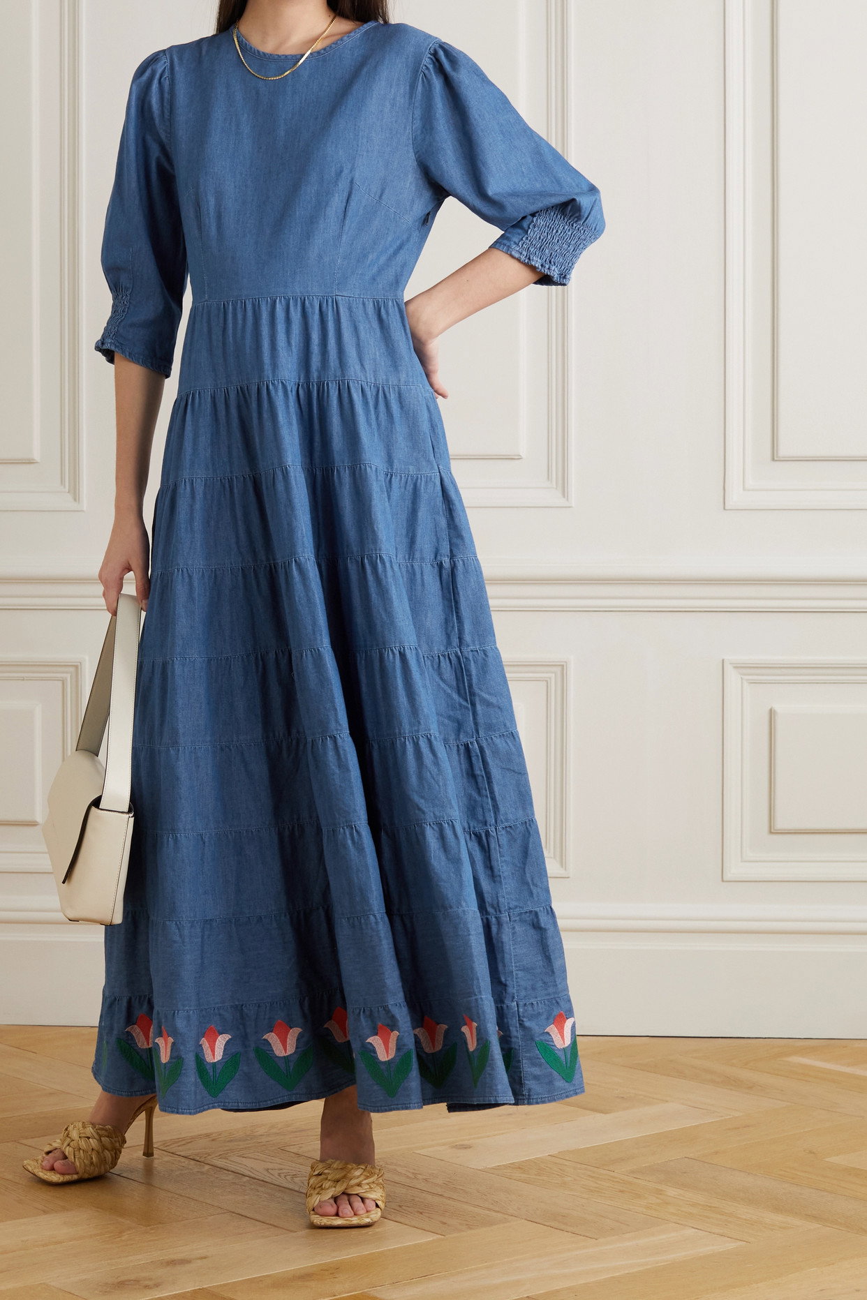 rixo denim dress Rixo Becca Polka-Dot Denim And Embroidered Cotton Midi Dress In Blue - 70%  Off