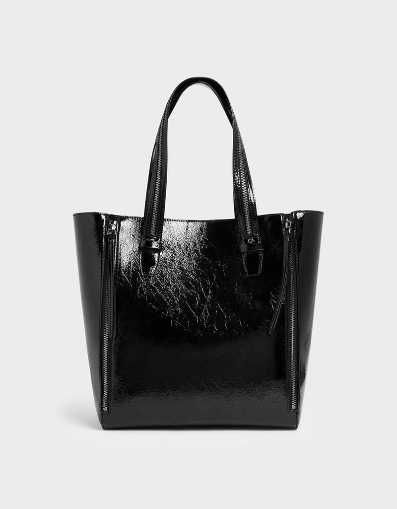 Keith Zip Up Black Tote Bag CHARLES KEITH Wrinkled Patent Double