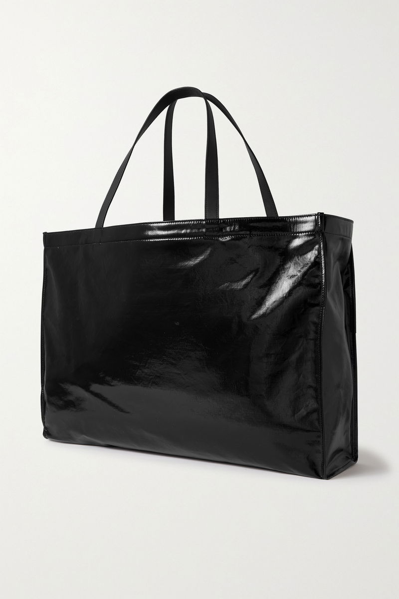 Leather-trimmed printed twill tote