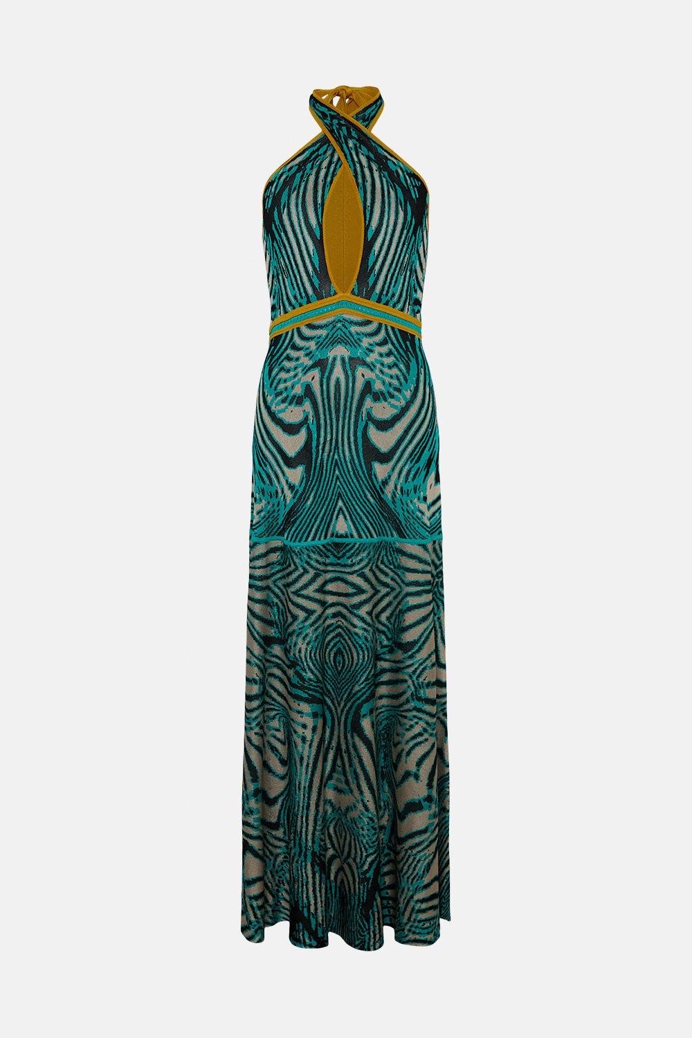 KAREN MILLEN Slinky Zebra Knit Cross Front Halter Dress | endource