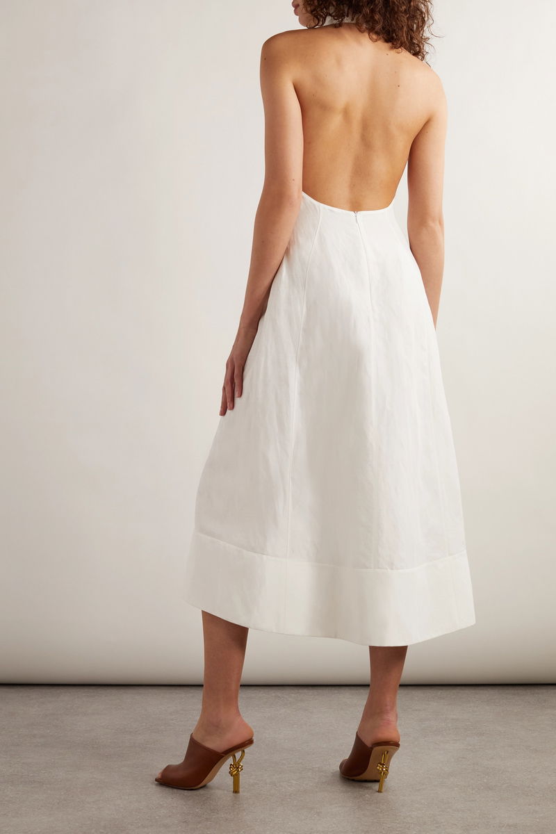 BOTTEGA VENETA Embellished Tie-Detailed Crinkled Woven Halterneck Midi Dress  | endource
