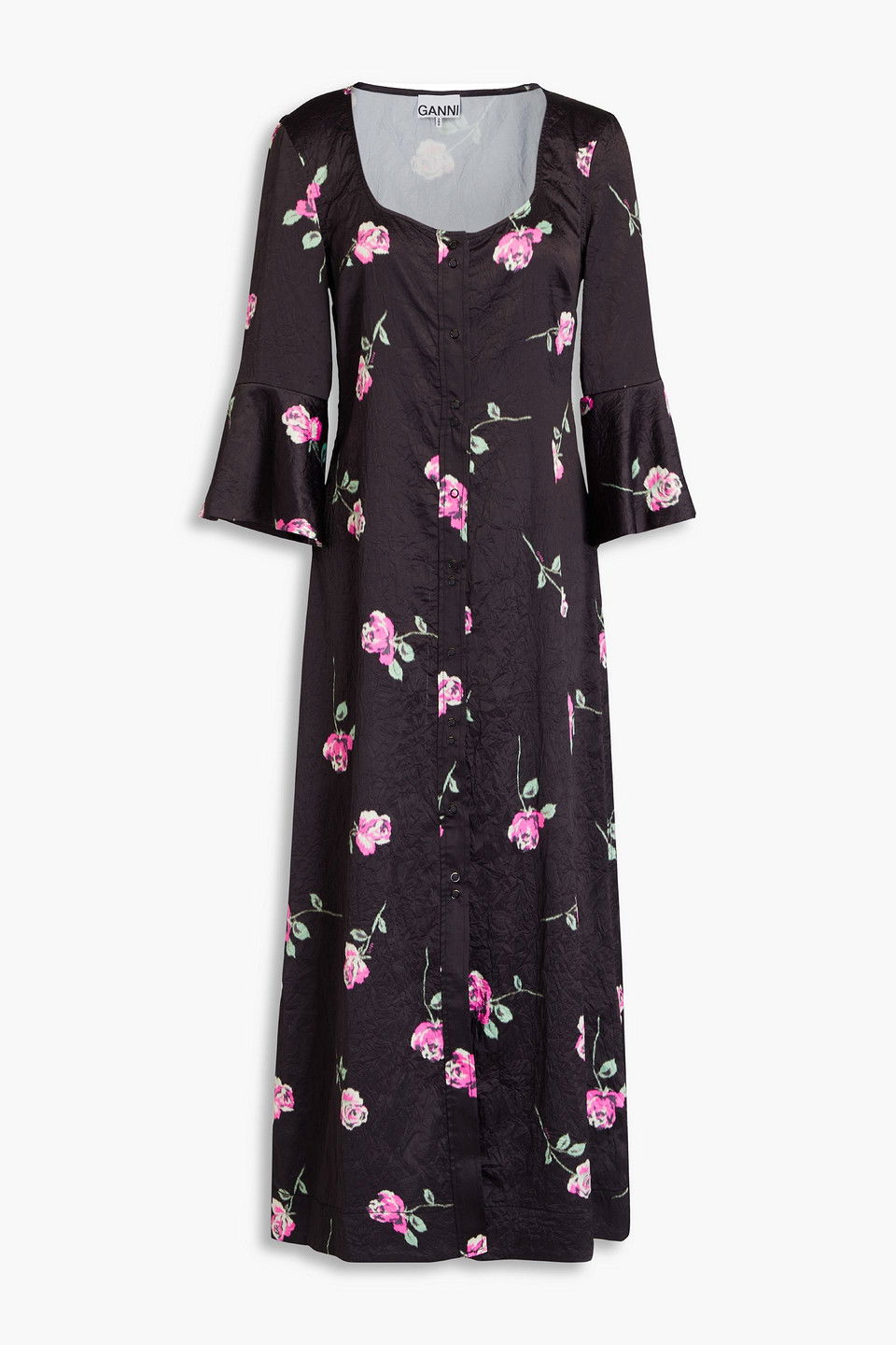 ganni floral-print linen and silk-blend midi dress GANNI Floral-Print Crinkled-Satin Midi Dress