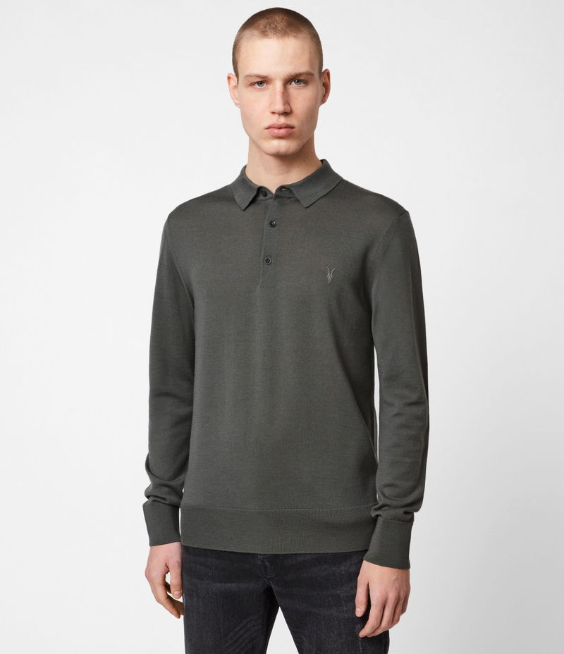 AllSaints Merino Long Sleeve Polo Shirt, Stone Taupe Marl, XS