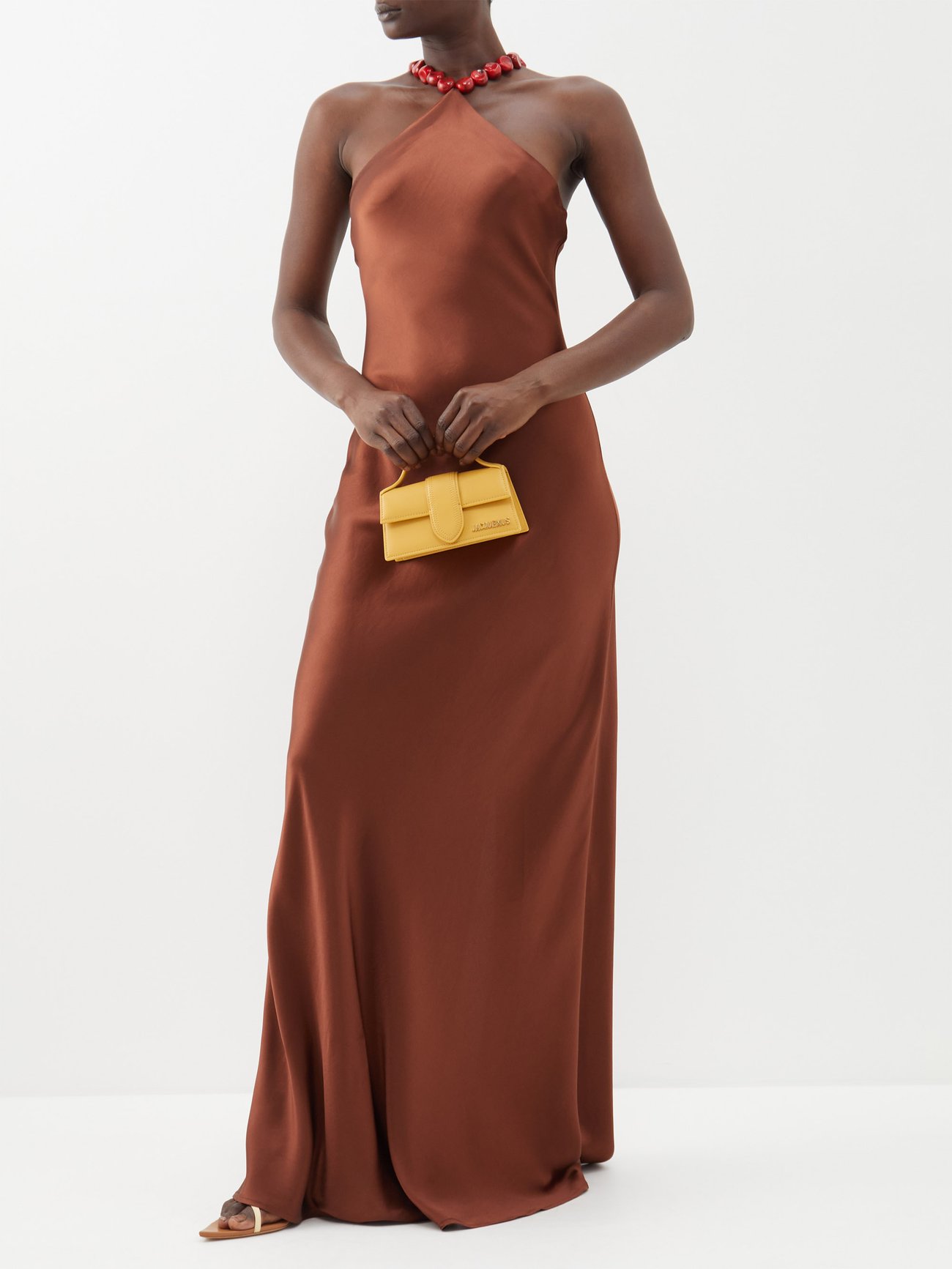 staud cadence dress brown STAUD Cadence Halterneck Satin Dress
