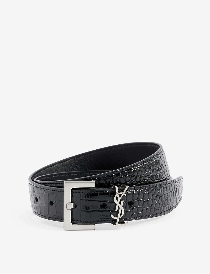 Monogram-Buckle Croc-Embossed Leather Belt