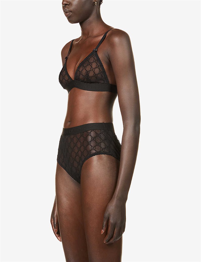 GUCCI Logo-Embroidered Stretch-Mesh Lingerie Set in BLACK
