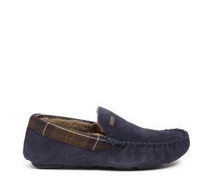 Navy suede slipper with tartan lining and blue trim.