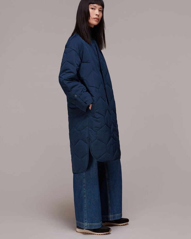 WHISTLES Longline Quilted Coat in Navy | Endource