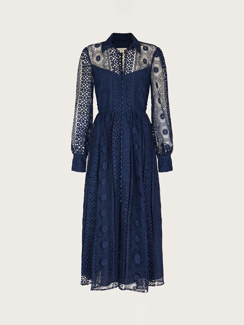 blue lace shirt dress High Neck Lace Dress-Blue main image 0