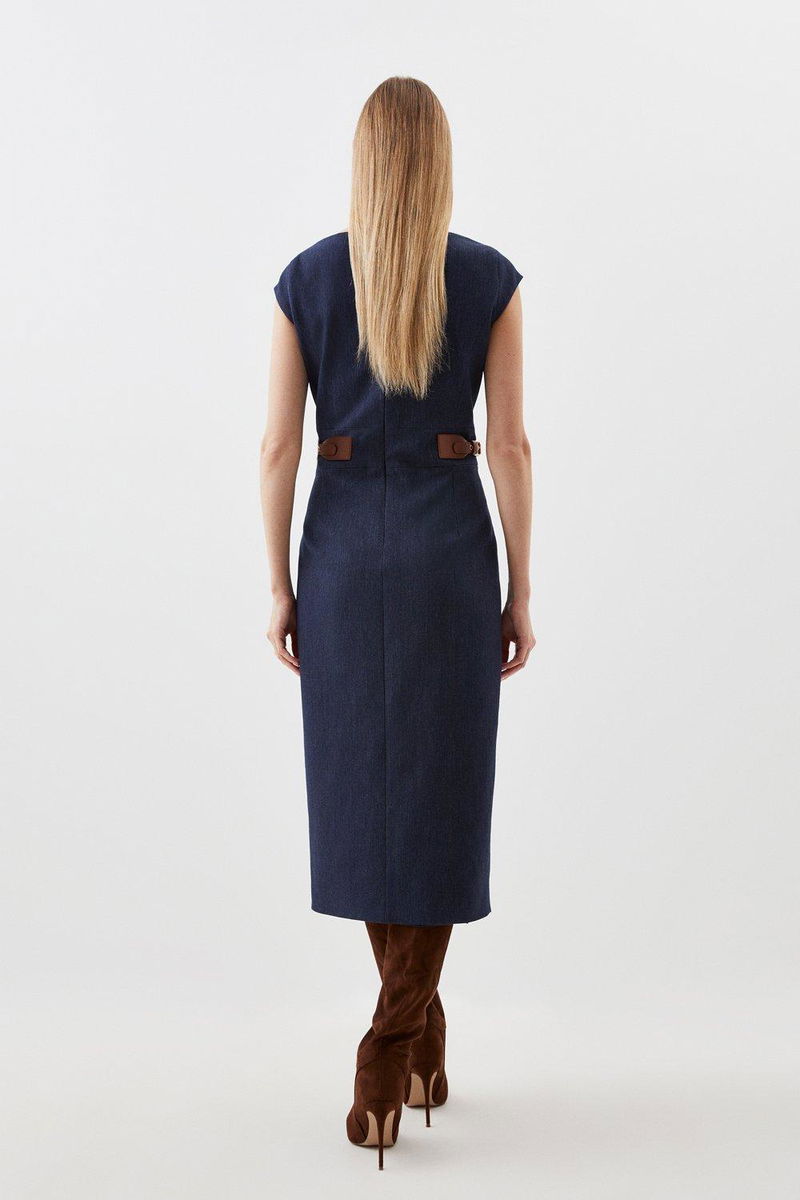 KAREN MILLEN Tailored Denim Tab Detail Midi Pencil Dress | endource