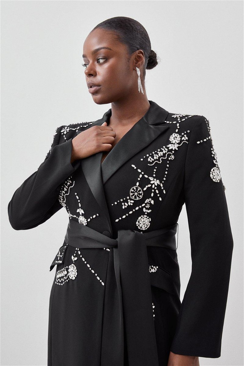 KAREN MILLEN Plus Size Crystal Embellished Woven Midaxi Blazer Dress in  Black