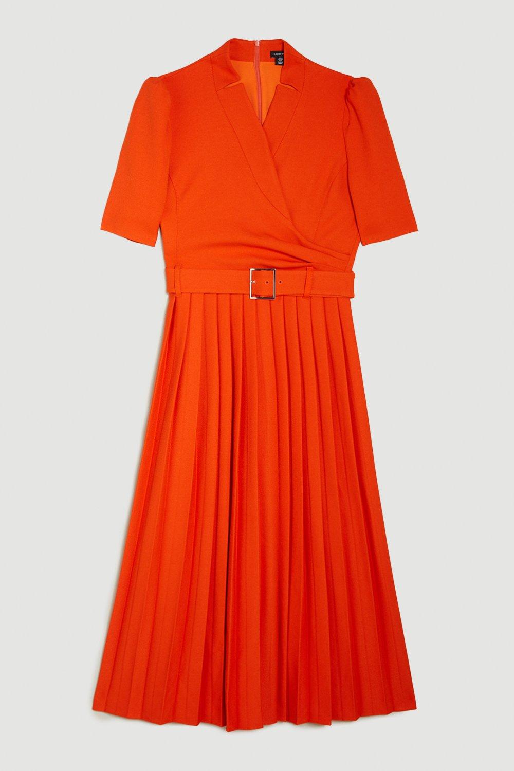 karen millen orange pleated dress Karen Millen Petite Compact Viscose Stretch Tailored Peplum Midi Dress in Orange