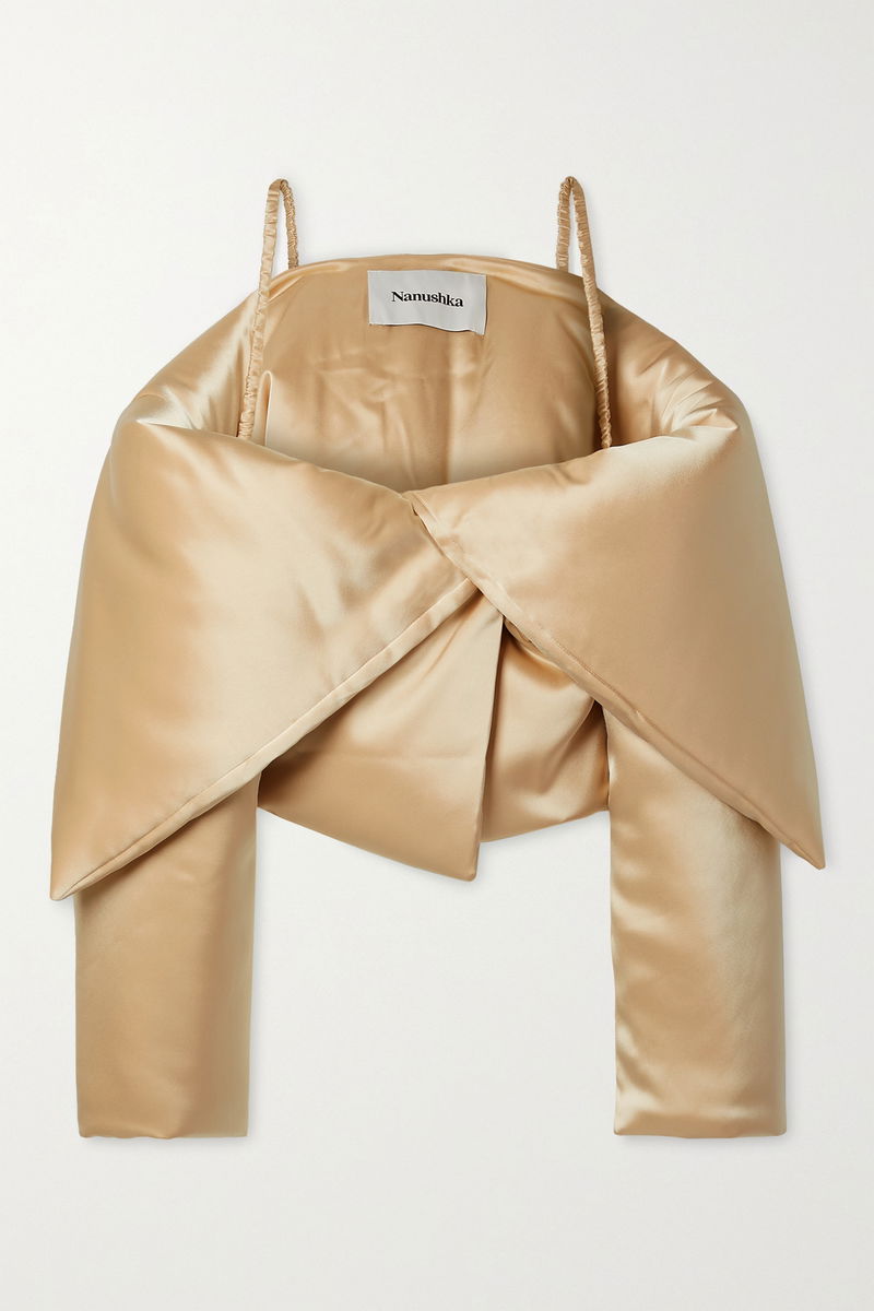 NANUSHKA Herbie Off-The-Shoulder Padded Satin Jacket in Neutrals  