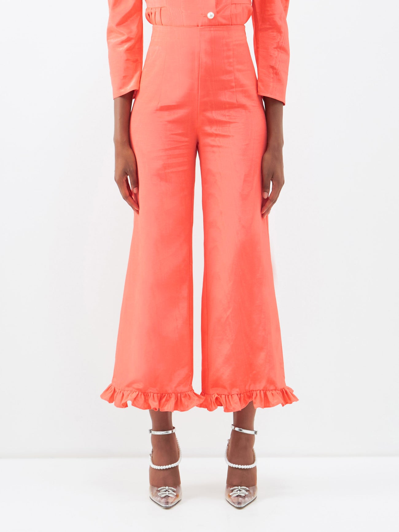 BATSHEVA Ruffled Moiré Trousers in Pink | endource