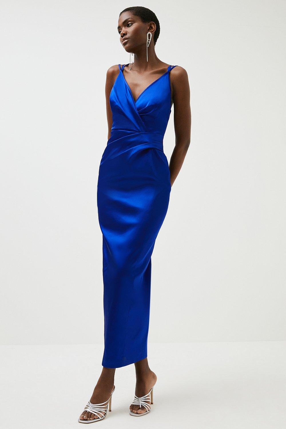 karen millen blue satin dress Blue Satin Mermaid Prom Dresses with Overskirt Halter Neck Formal Dress 24525 Blue / US8