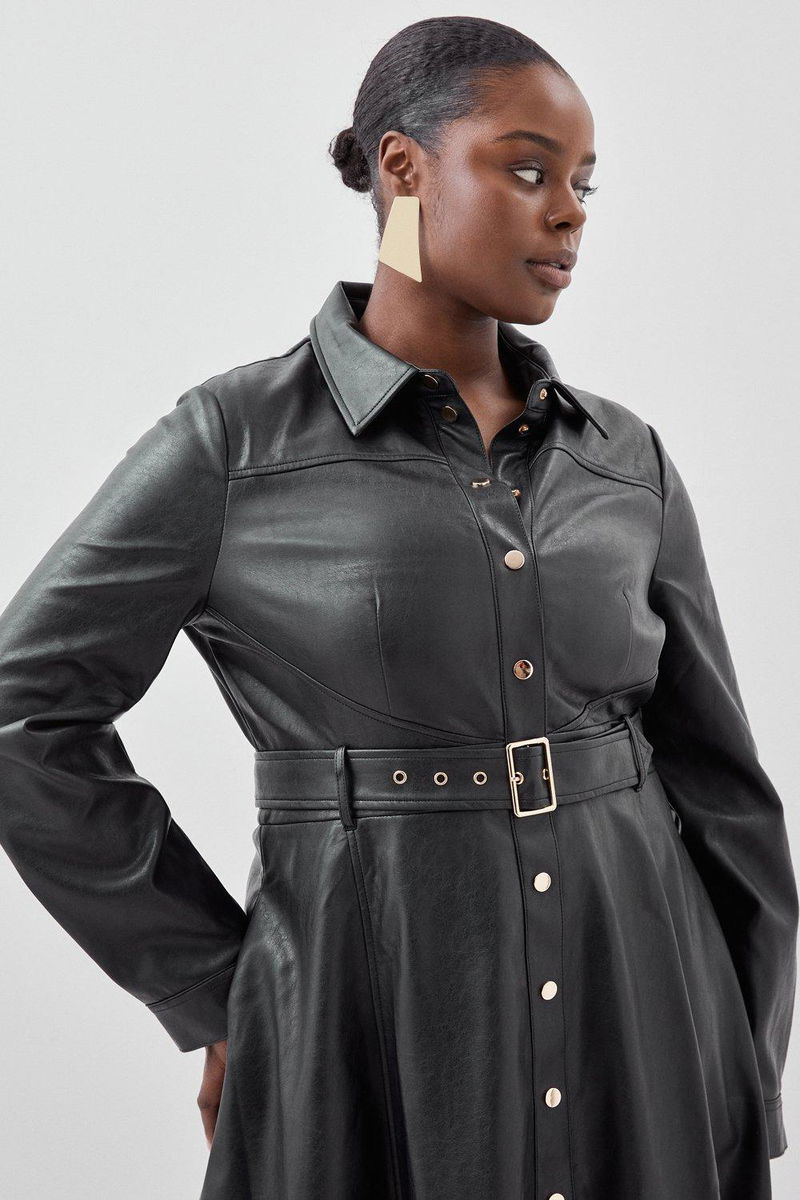 KAREN MILLEN Plus Size Faux Leather Long Sleeved Belted Midi Shirt Dress |  endource