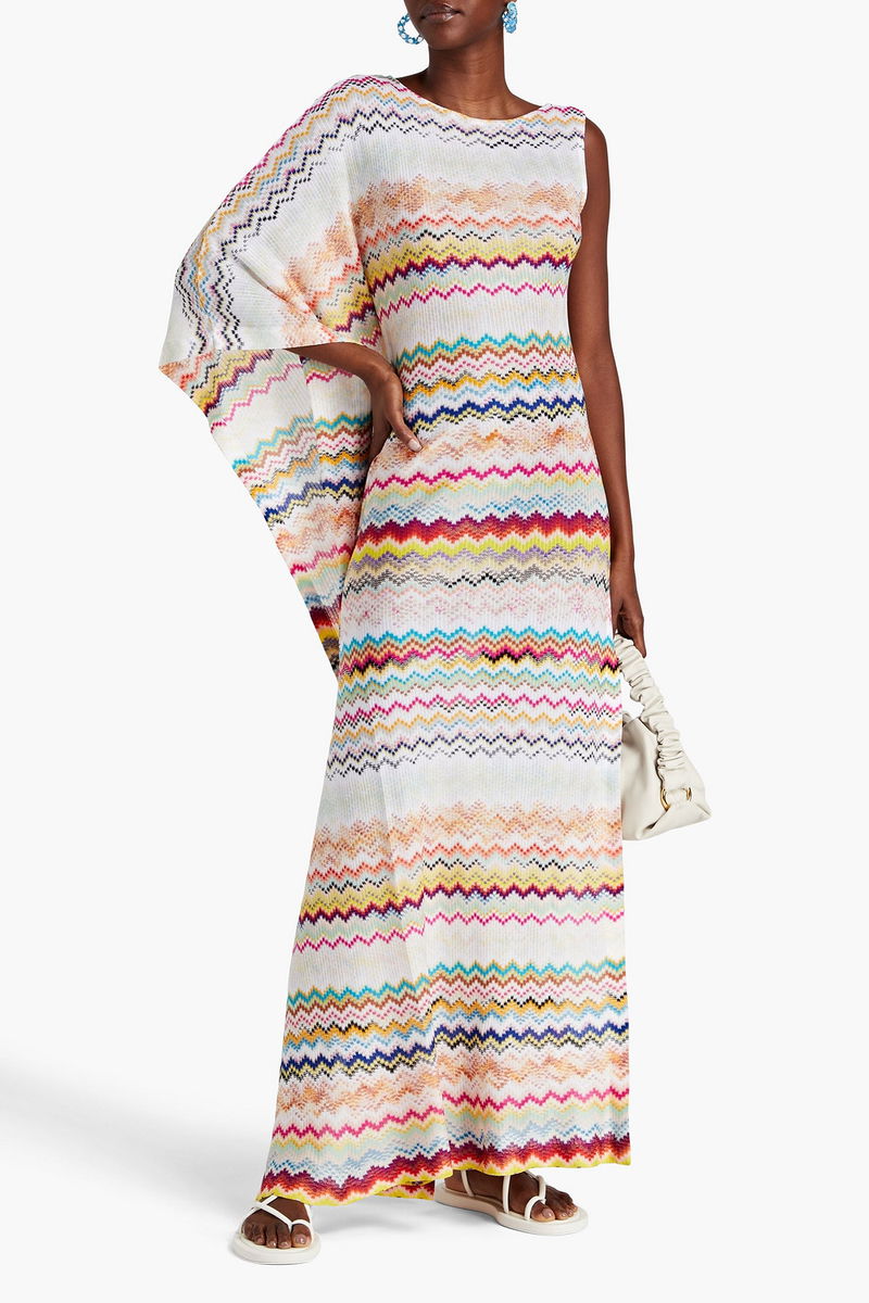 MISSONI One-Sleeve Draped Crochet-Knit Maxi Dress | endource