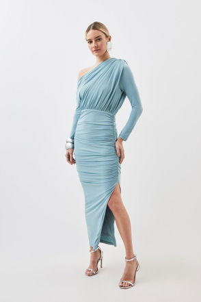 KAREN MILLEN Viscose Satin Back Crepe Drape Maxi Dress in Blue