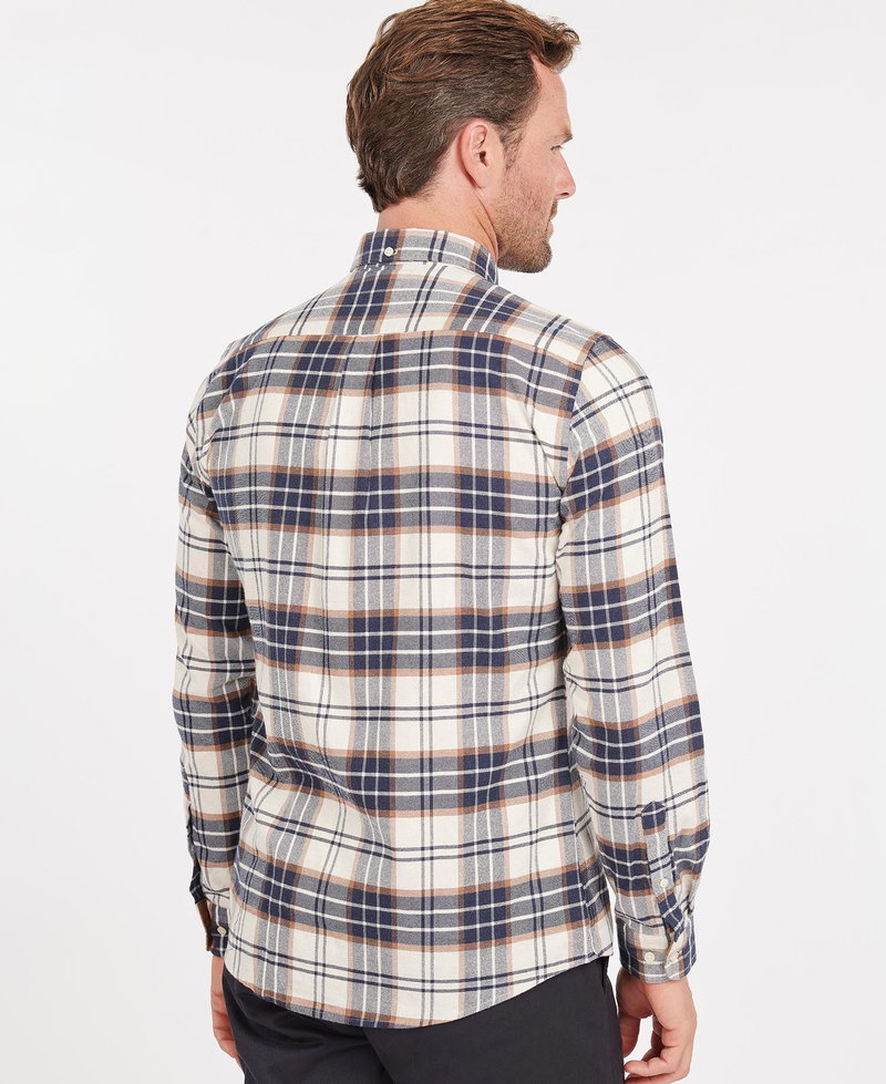 Barbour flannel shirt, back view, blue and tan plaid