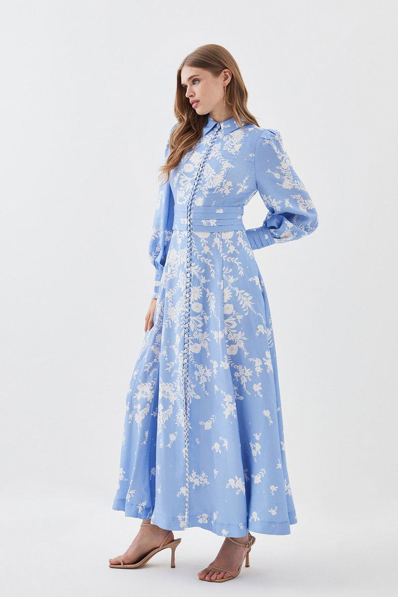 KAREN MILLEN Karen Millen x Lydia Millen - Linen Placement Floral Woven  Maxi Dress | endource