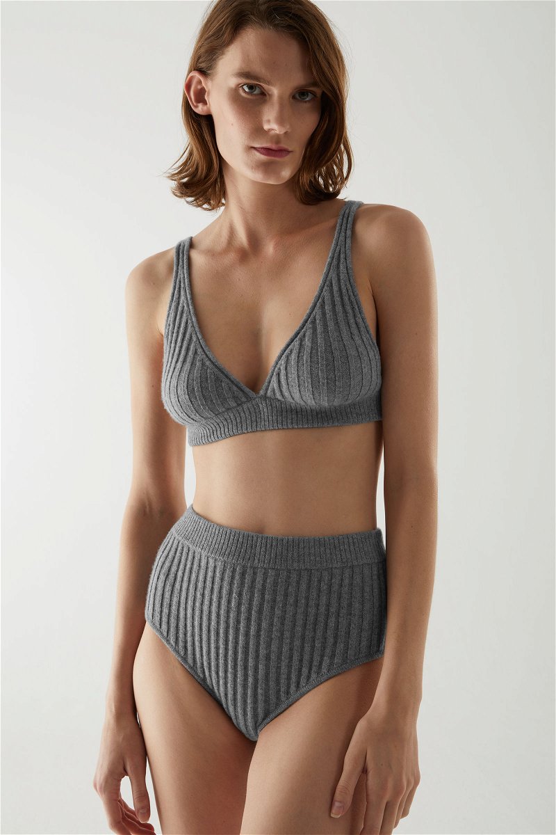 COS Recycled Cashmere High Waist Ribbed Knickers in Grey