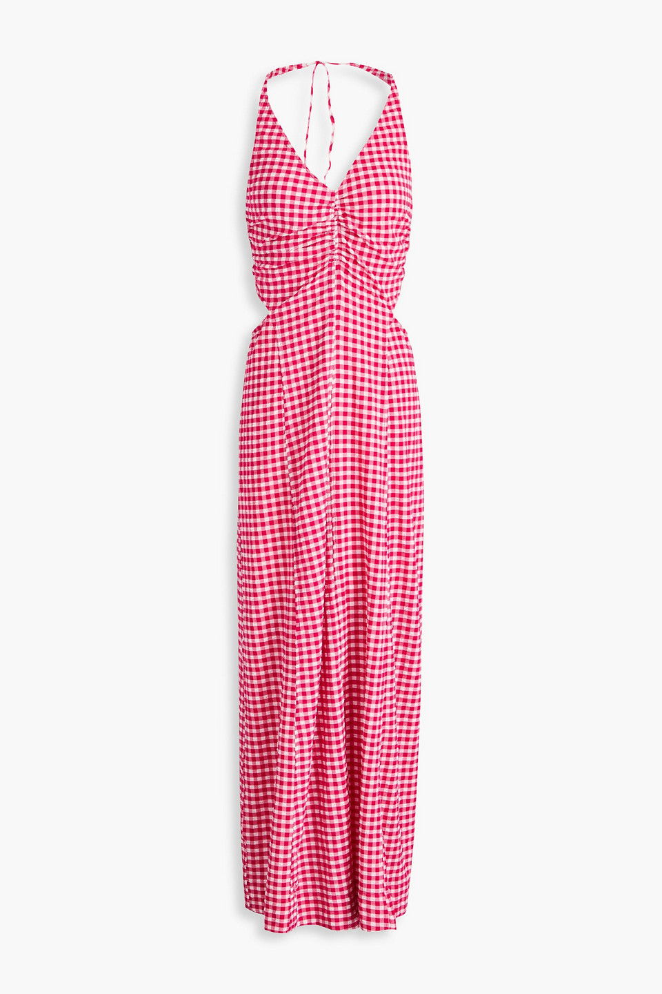 ganni ruched gingham stretch-seersucker maxi dress GANNI Ruched Gingham Stretch-Seersucker Maxi Dress