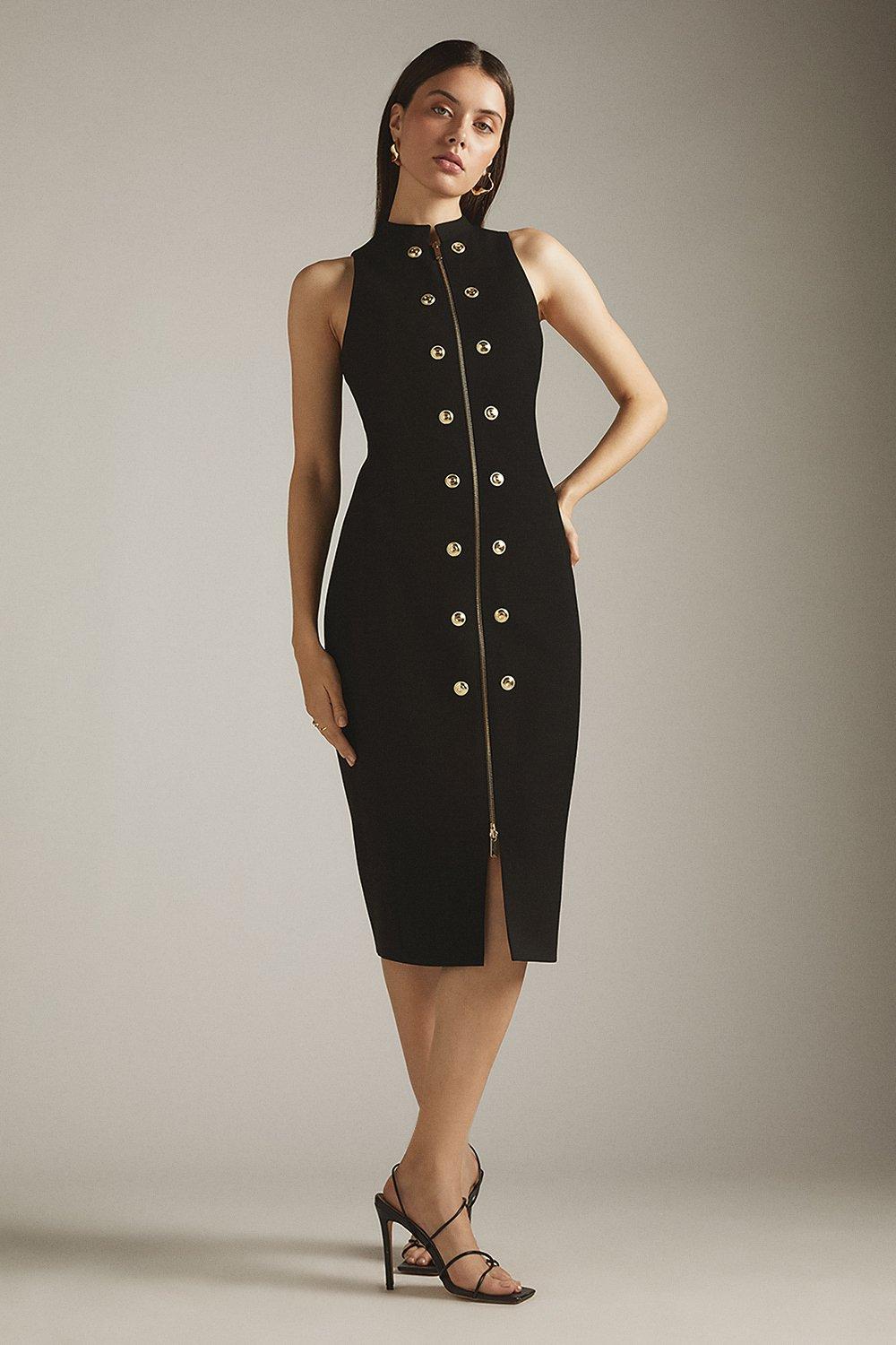 KAREN MILLEN Compact Stretch Zip Military Button Dress | endource KAREN MILLEN Compact Stretch Zip Military Button Dress | endource