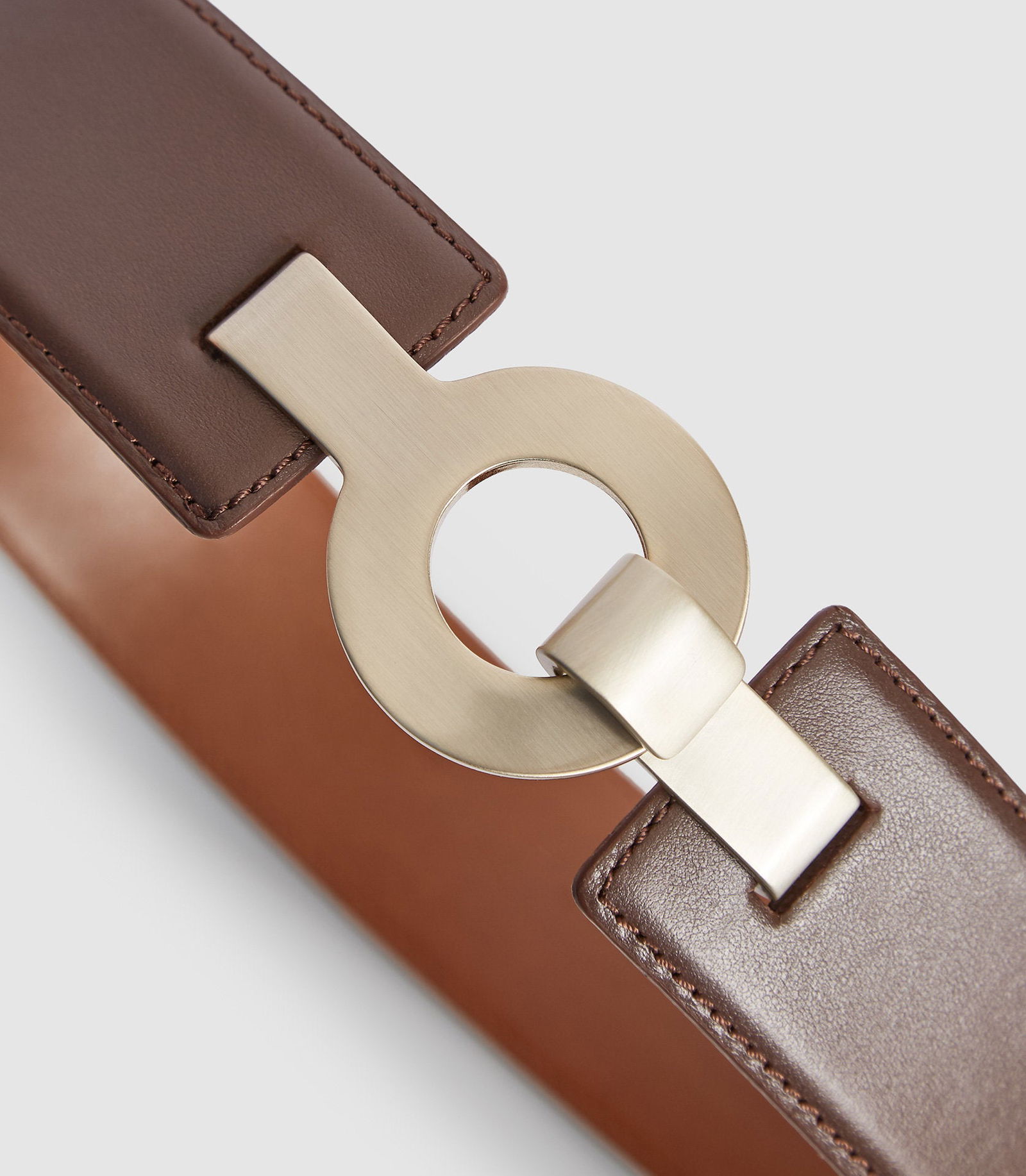 Reiss Womens Waist Belt Patent Leather Metallic Copper Double‎ Buckle Reiss Suede Double-Buckle Corset Waist Belt in Chocolate | REISS main image 2