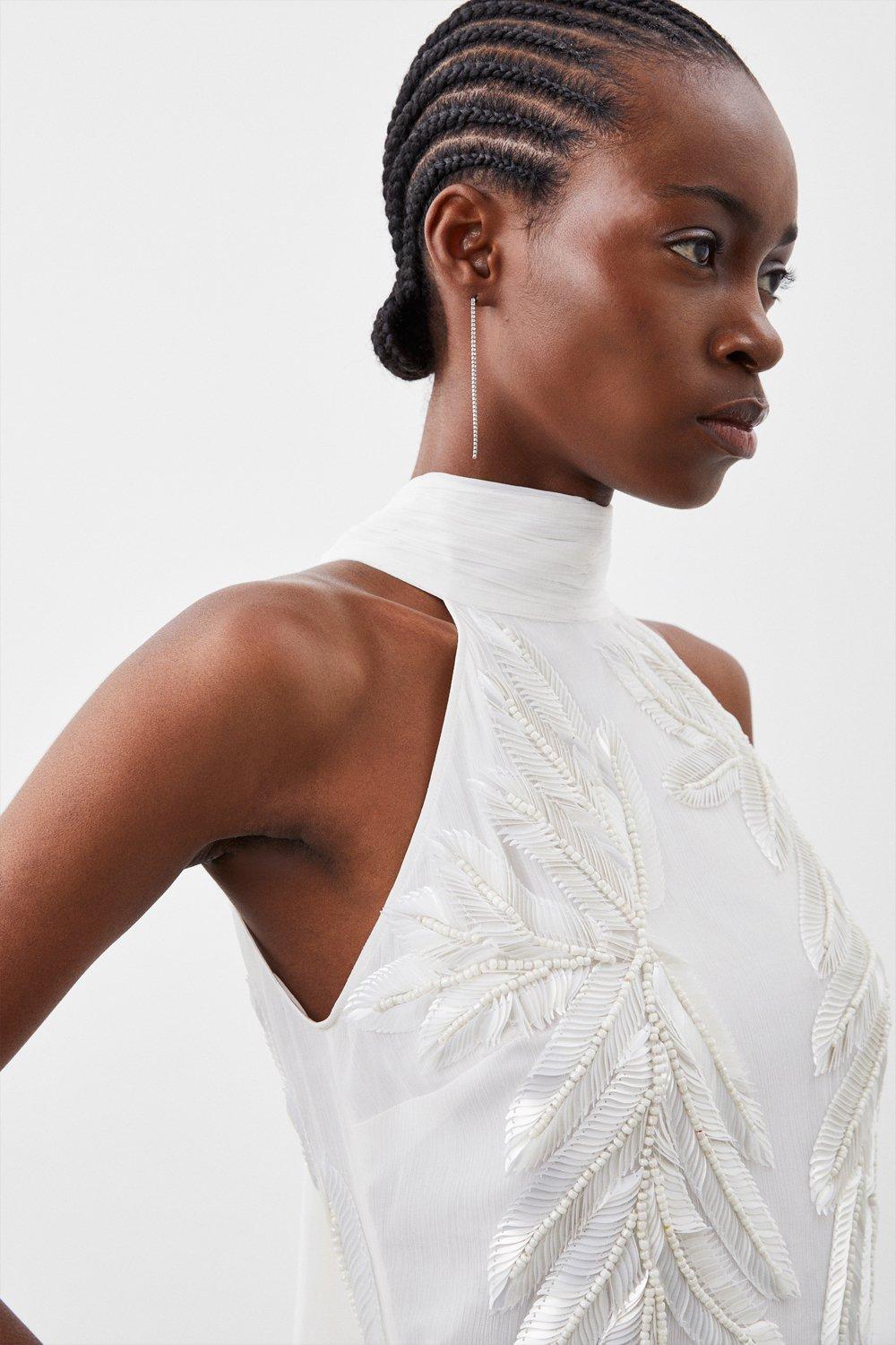 KAREN MILLEN Halter Neck Feather Sequin Detail Woven Maxi Dress | endource KAREN MILLEN Halter Neck Feather Sequin Detail Woven Maxi Dress | endource