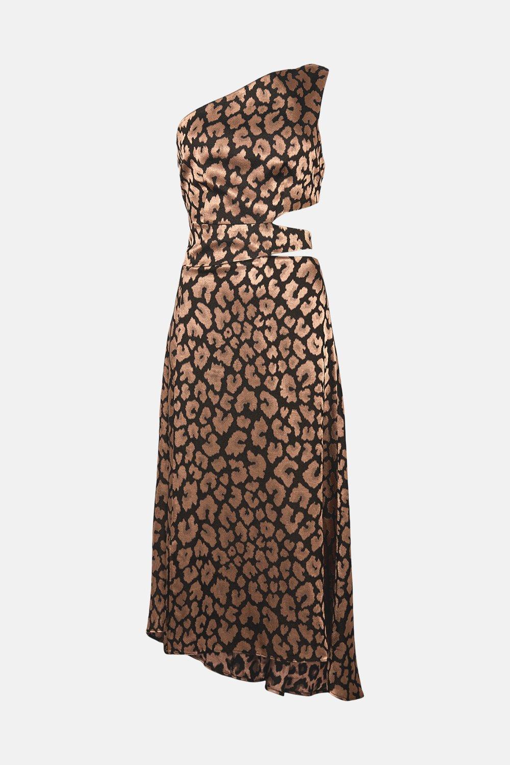 Leopard Jacquard Satin Strong Shoulder Mini Dress