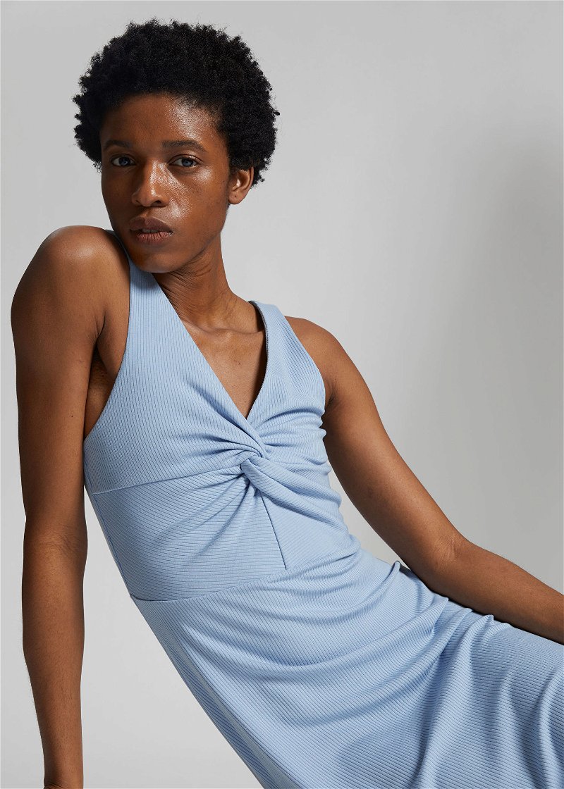  OTHER STORIES Ribbed Twist-Front Midi Dress in Light Blue Ribbed