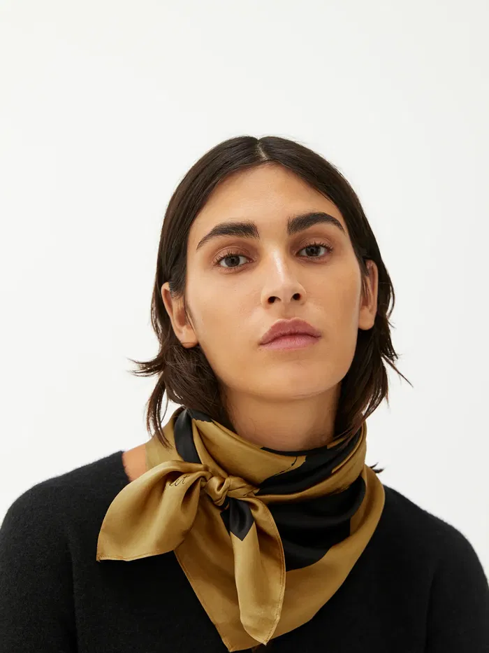 ARKET Printed Silk Scarf in Dark Beige/Black | Endource