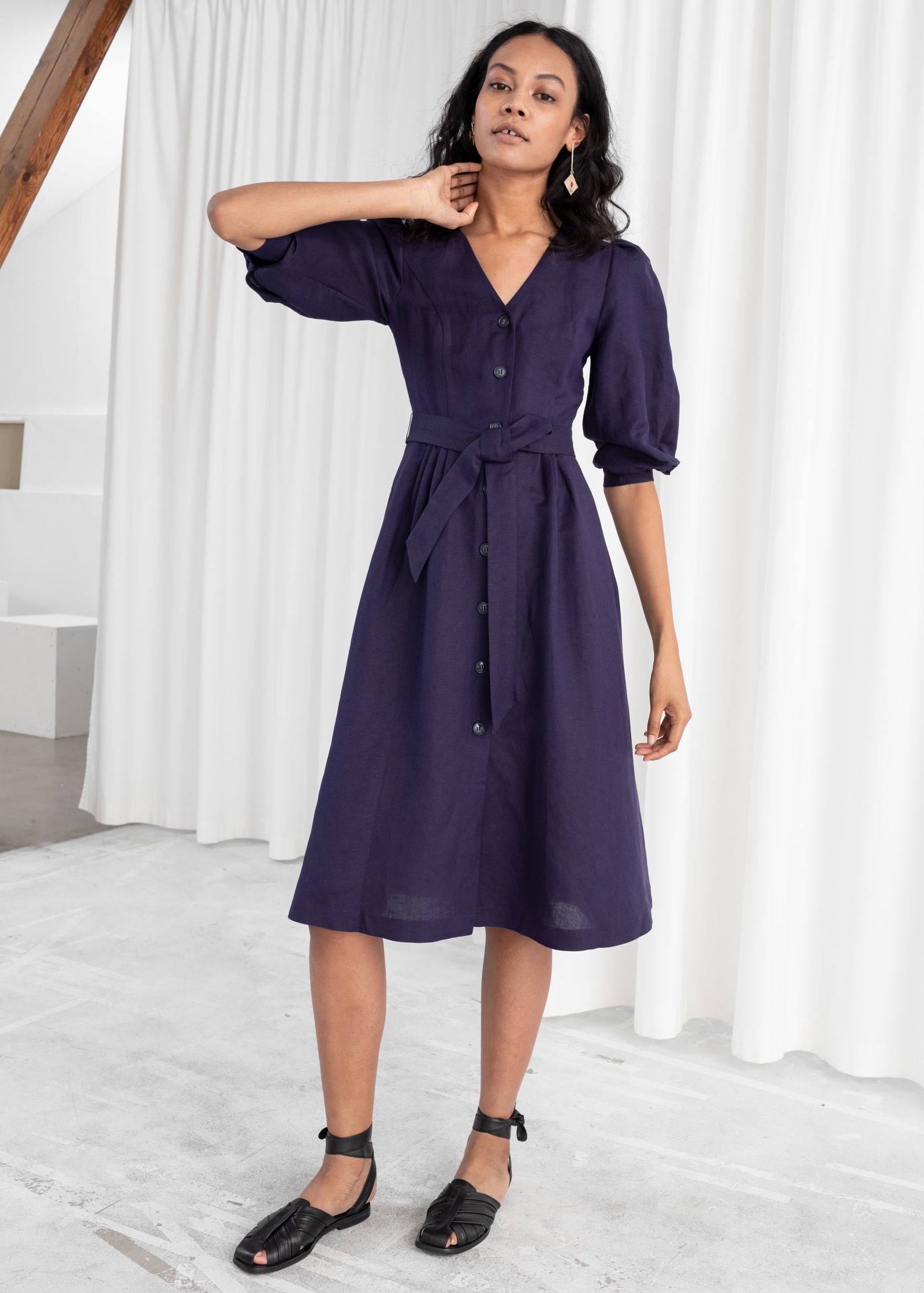 & other stories belted linen blend midi dress Flared Linen Midi Dress - Black