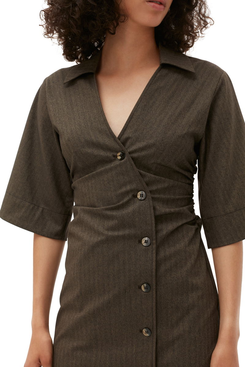 GANNI Drapey Suiting Gathered Mini Dress in Rocky Road | endource