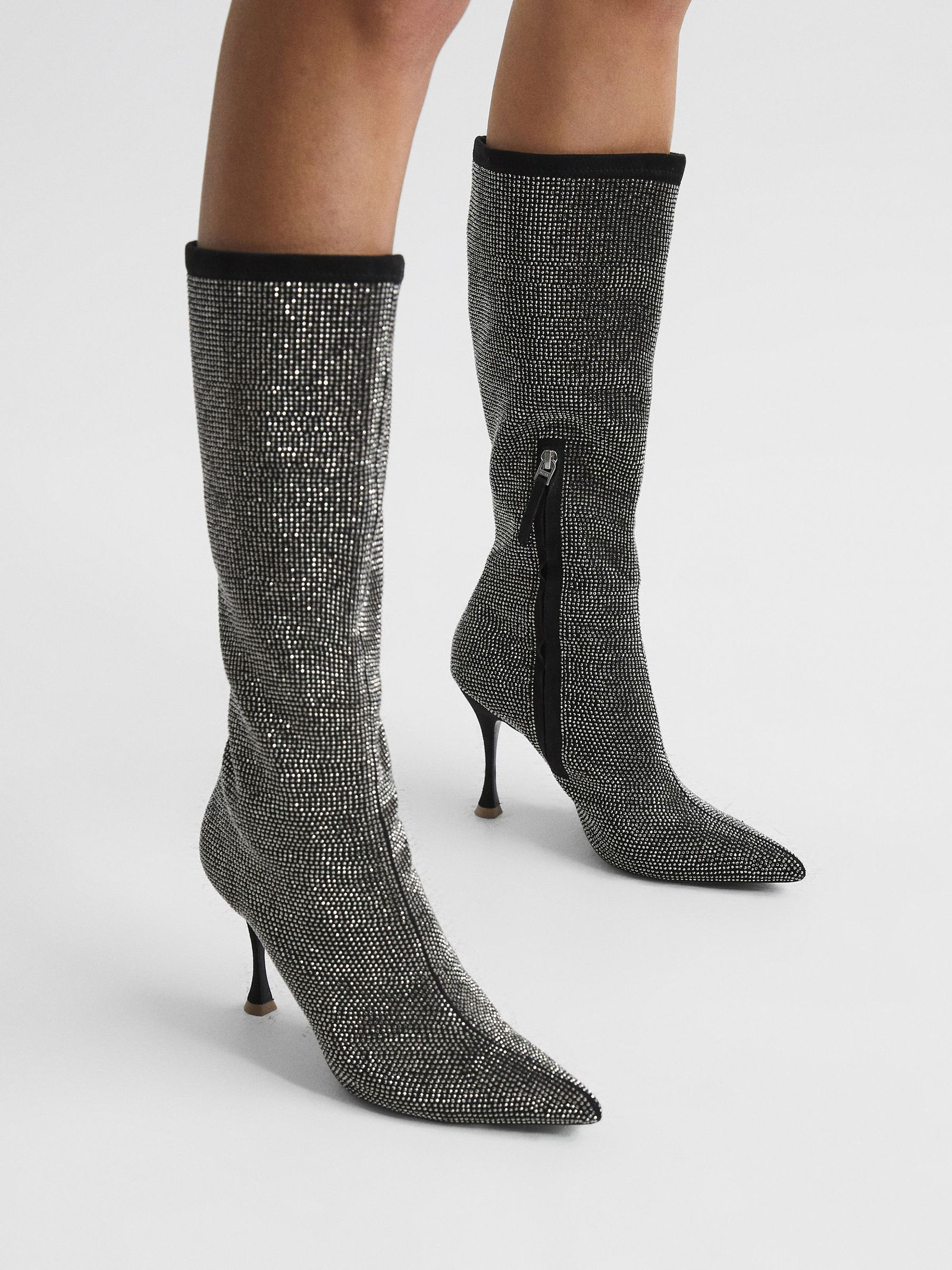 REISS Clement Crystal Point Knee High Boots in Black | Endource