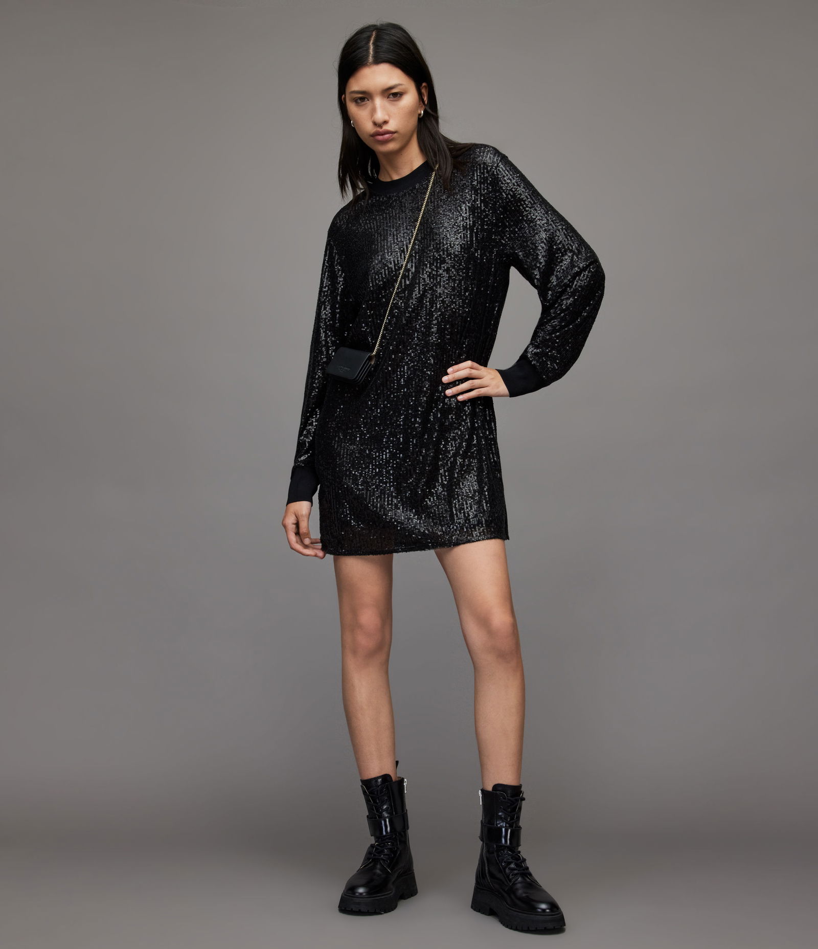 leila sequin bodycon mini dress Hadley by AllSaints Pullover Roll neck Midi length Long sleeve Ribbed cuff Sequins Model is 57/175cm and is wearing size Medium RWS certified wool (CU 870616) ALLSAINTS Juela Mini Sequin Dress