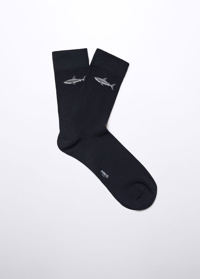 MANGO Shark Embroidered Cotton Socks in Navy | endource