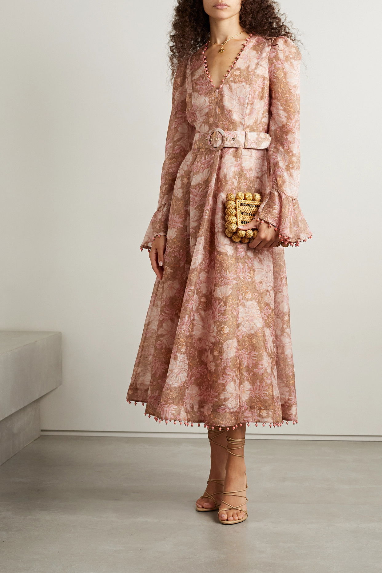 ZIMMERMANN Kaleidoscope Belted Embellished Floral-Print Linen And  Silk-Blend Midi Dress | endource