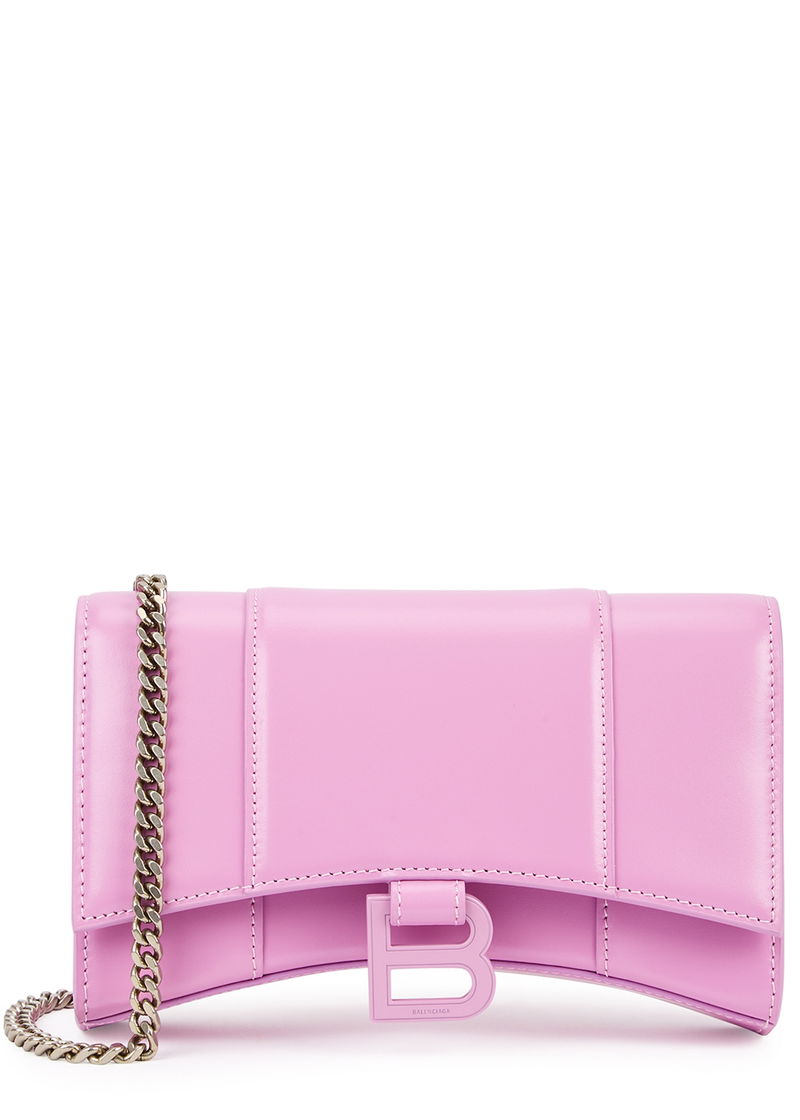 Hourglass Croc Effect Leather Wallet On Chain in Silver - Balenciaga