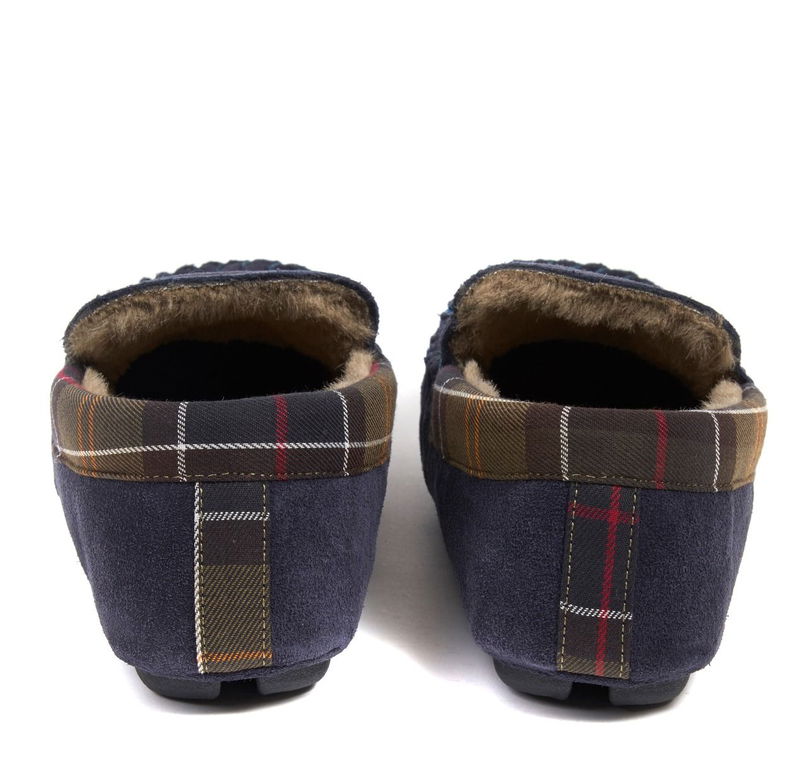 Navy suede driving shoes with tartan lining and faux fur cuffs
