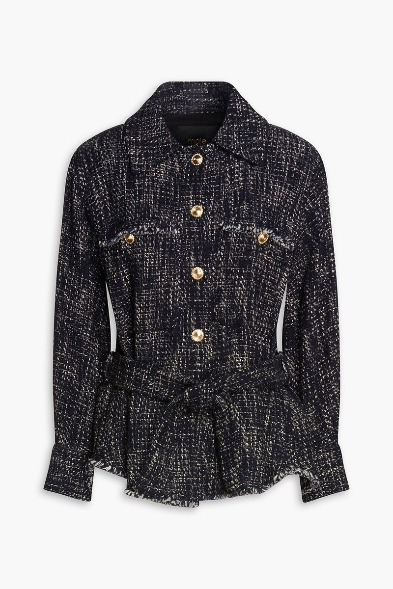MAJE Belted Cotton Blend Boucl Tweed Jacket in Blue