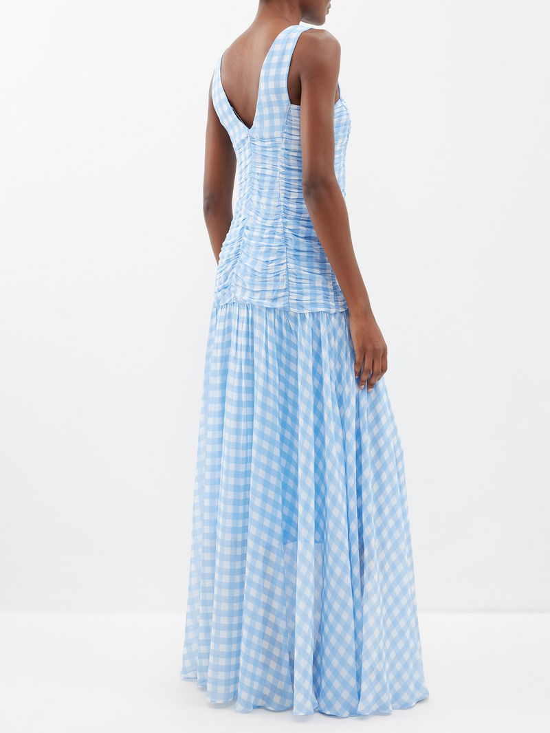 Lee Mathews Kitty Gathered Gingham Check Crepe Maxi Dress In Blue